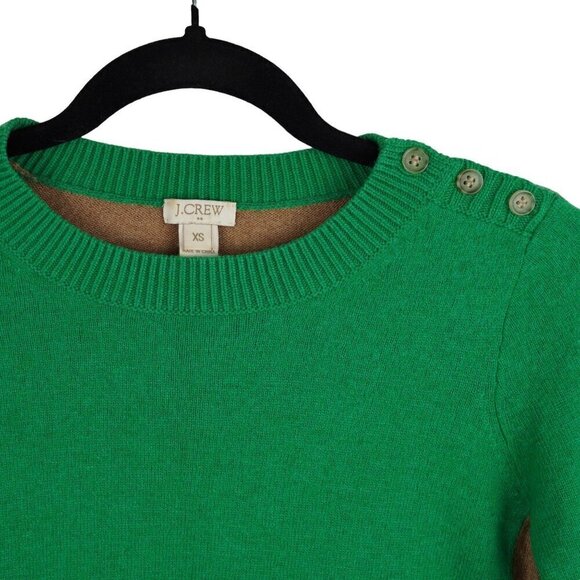 EUC J.Crew Womens XS Sweater Green & Brown Colorblock Elbow Patches Button Shoul - Picture 3 of 7